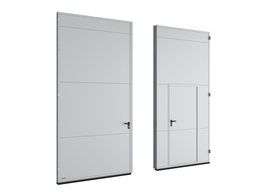 Щит ворот из стальных сэндвич-панелей с минеральной ватой высокой плотности толщиной 80 мм. Створки ворот поставляются в сборе.